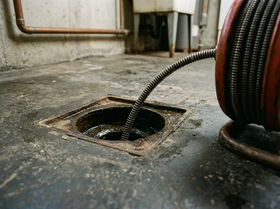 a drain auger cable feeding into an open basement floor drain, the coiled machine drum just in frame at the edge, low angle at floor level