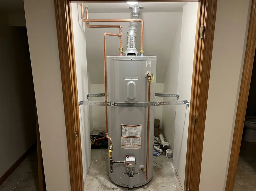 a newly installed 50-gallon gas water heater standing in a utility closet with fresh copper lines and a strap kit across the tank, straight-on, closet jamb framing the appliance
