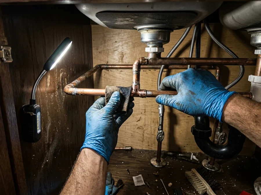 two gloved hands wrapping and sweating a copper supply line under a kitchen sink cabinet, a small work light clipped to the cabinet wall, shot overhead down into the cabinet