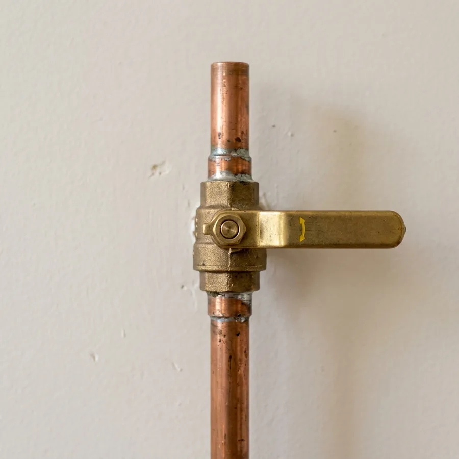 a brass quarter-turn shutoff valve on a copper stub-out against a painted wall, lever handle horizontal, dead-centre in frame, nothing else in shot